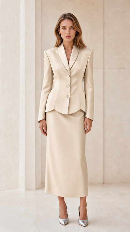 Front view of beige suit set