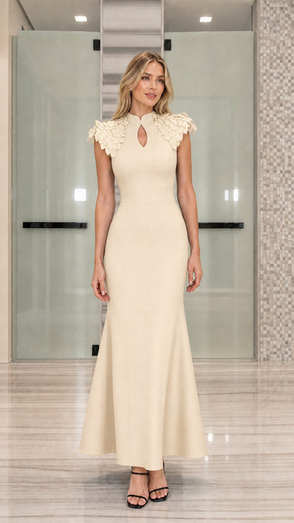Full-length view of cream ivory mermaid evening maxi dress with matching petal shoulders