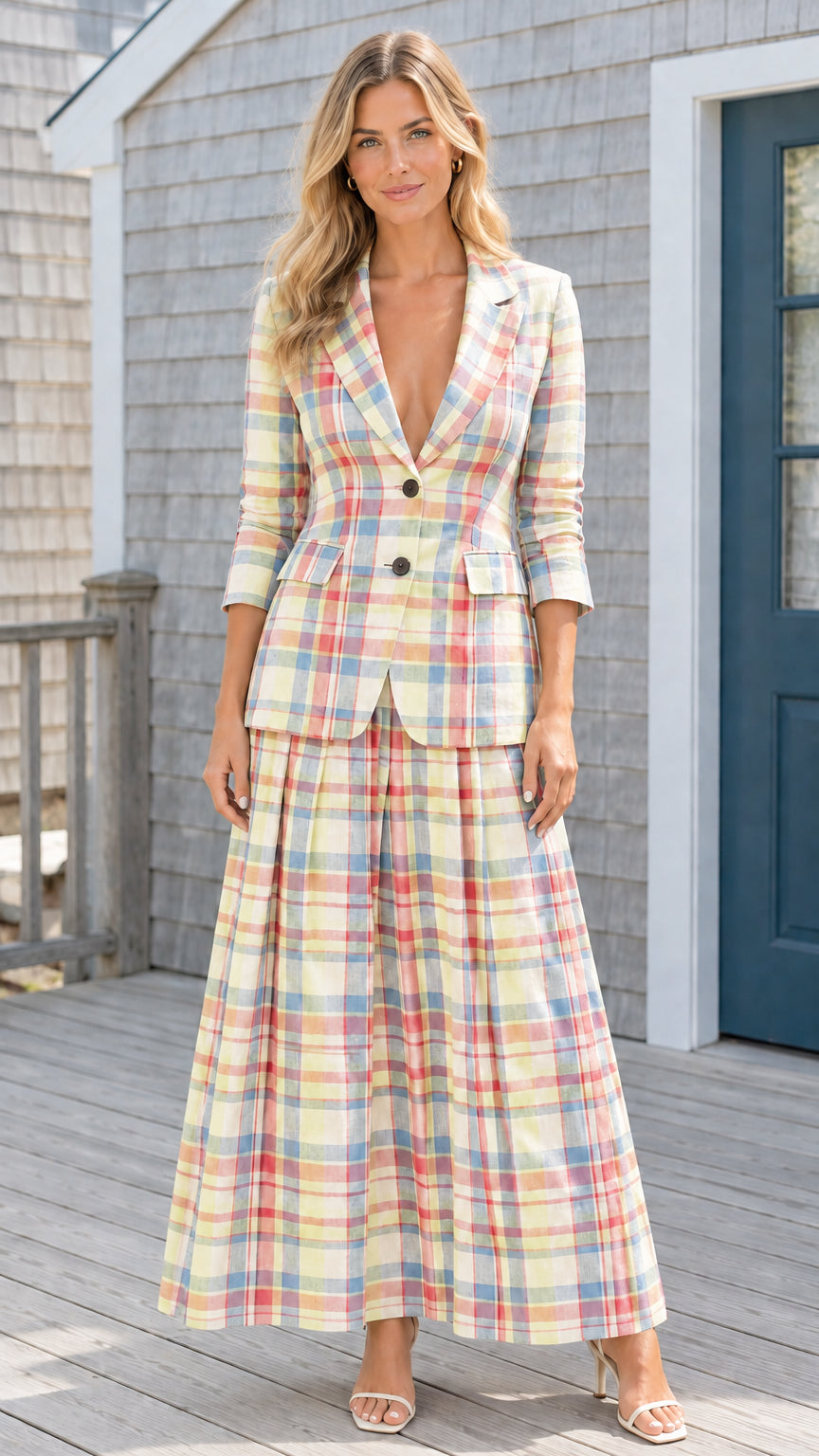 Front view of yellow pastel multi plaid blazer and pleated skirt set