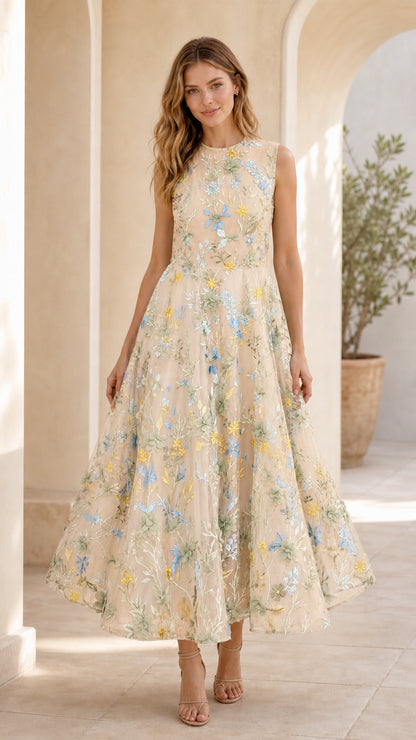 Champagne floral embroidered midi dress front view