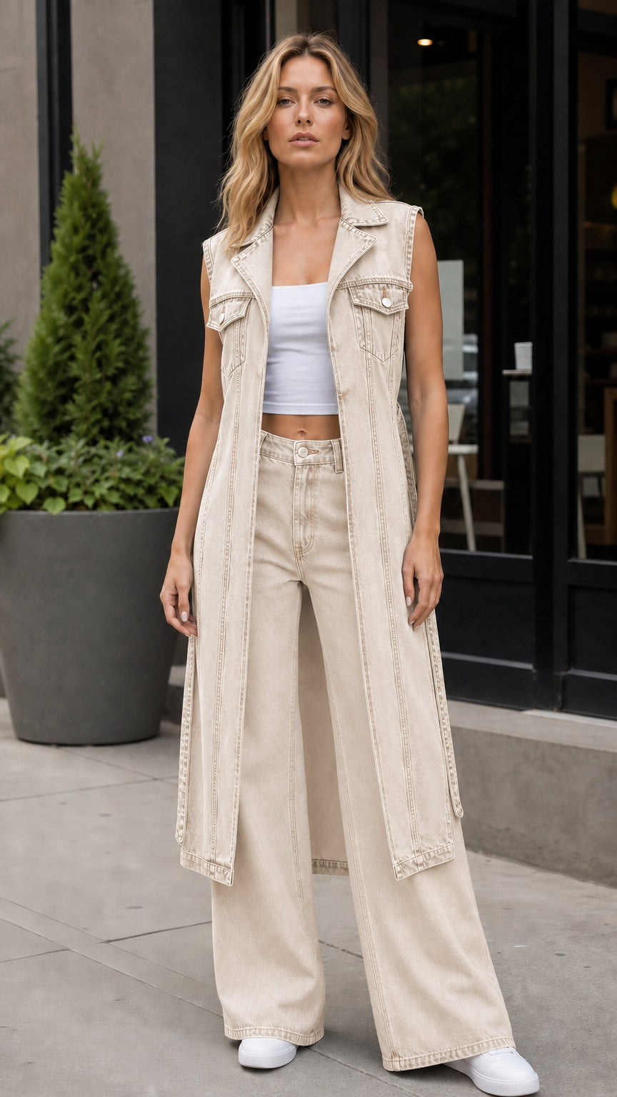 Model wearing khaki long denim vest and matching wide leg pants set