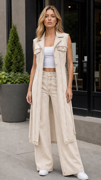 Model wearing khaki long denim vest and matching wide leg pants set