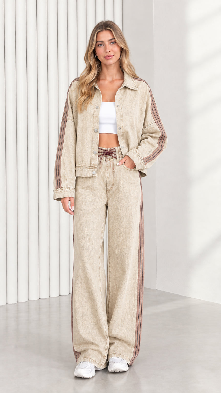 Model wearing Sand Beige casual two piece denim jacket and pants set