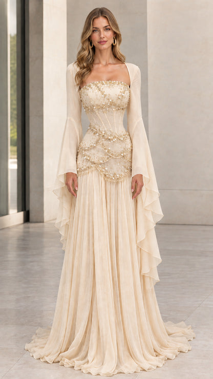 Full-length front view of champagne ivory beaded corset evening dress with cascading sleeves