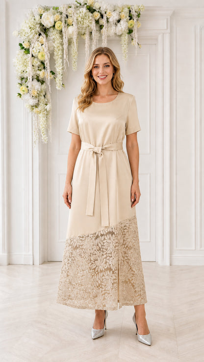 Model wearing champagne lace-trimmed midi dress