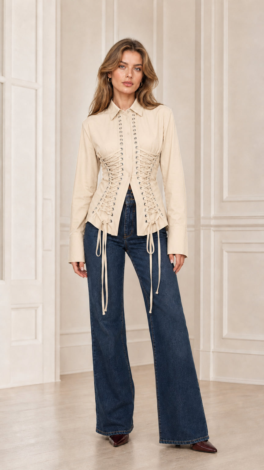 Front view of cream off-white long sleeve corset lace-up button-down blouse