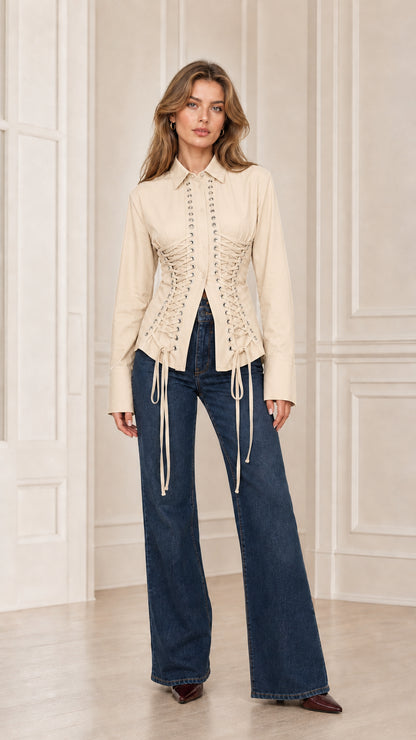 Front view of cream off-white long sleeve corset lace-up button-down blouse