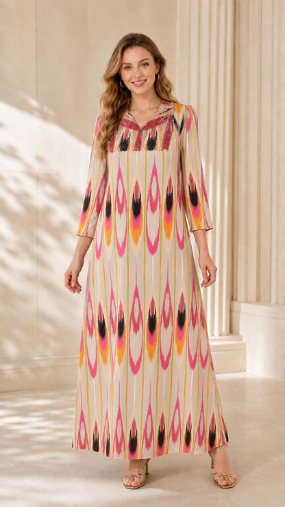 Model wearing Cream Multi ikat print split collar maxi dress