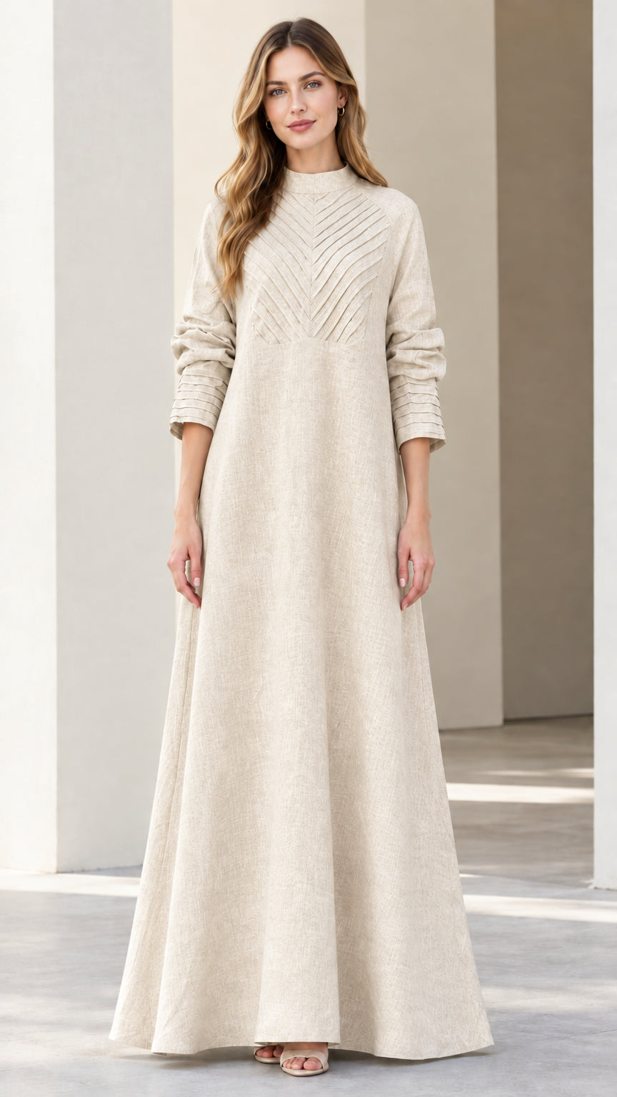 Front view of cream oatmeal long sleeve modest pleated maxi dress