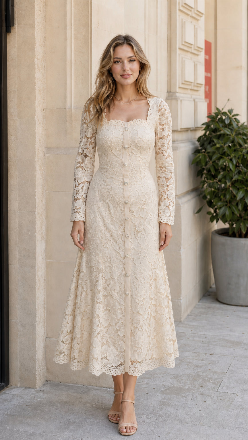 Front view of the floral lace long sleeve midi dress in champagne cream