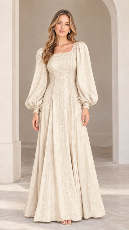 Front view of model wearing Cream romantic lantern sleeve embroidered maxi dress