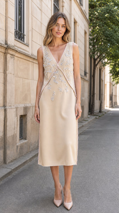 Front view of Champagne embroidered midi dress