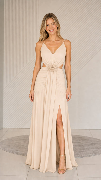 Champagne formal cutout maxi dress front view