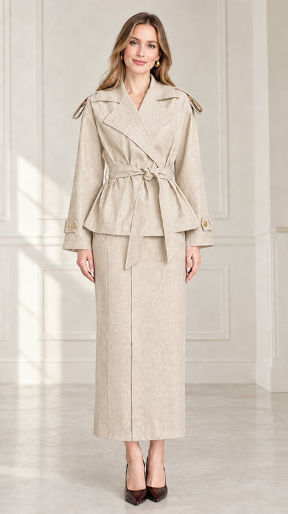 Front full-length view of women's beige oatmeal belted jacket and column skirt two-piece set
