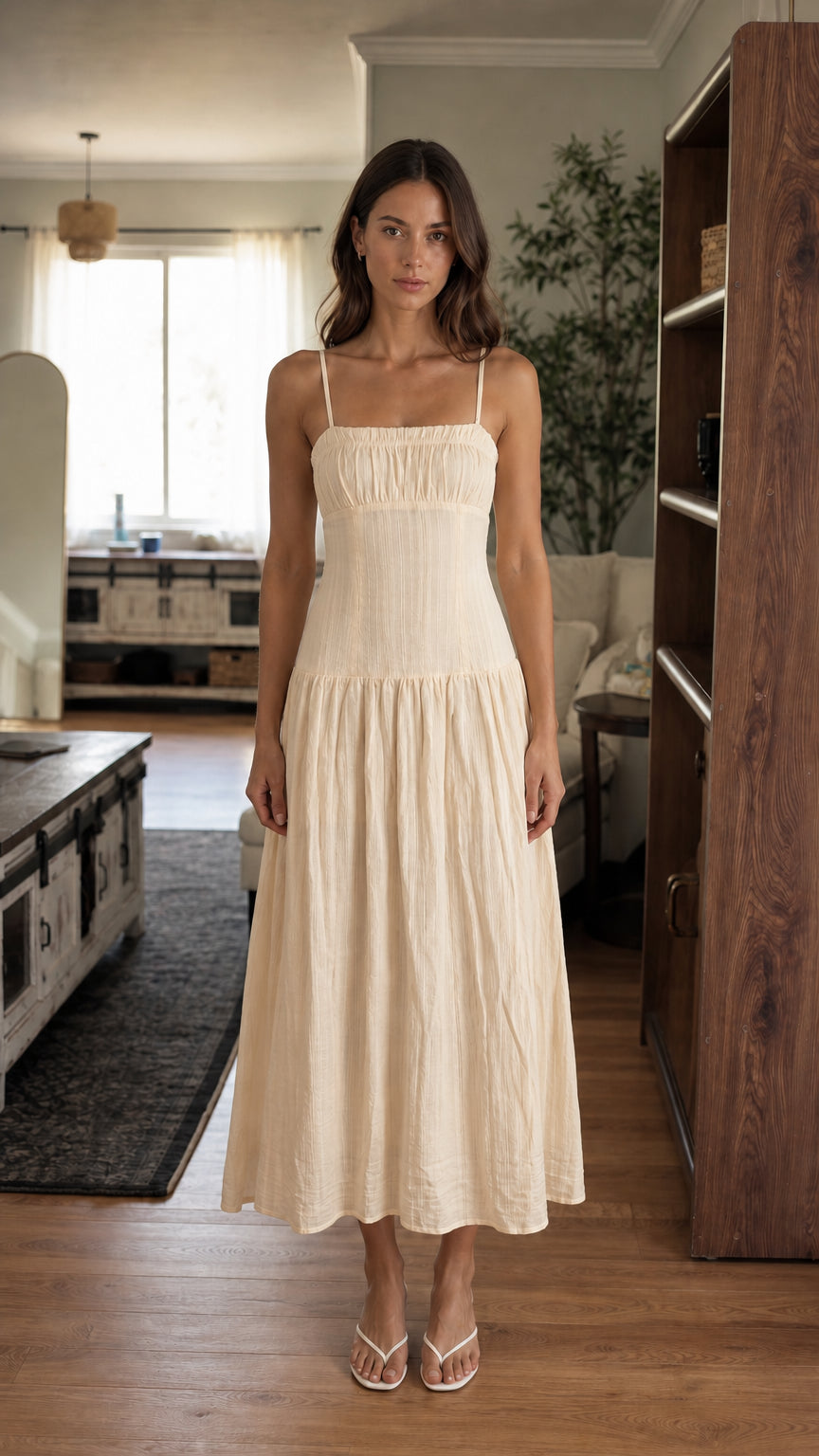 Woman wearing cream smocked midi dress