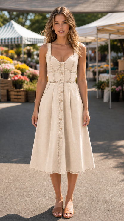 Beige denim midi dress on model