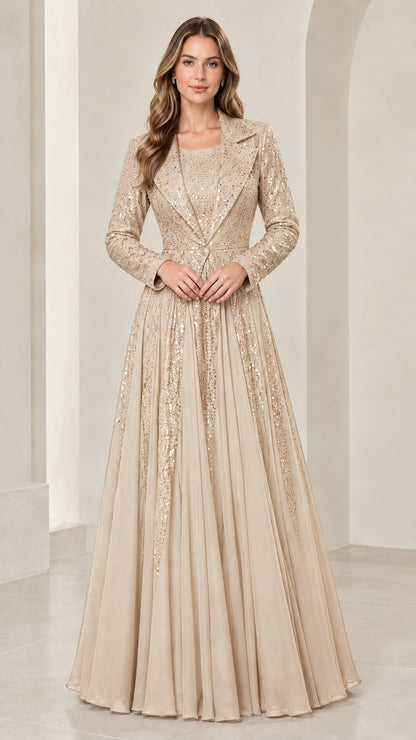 Champagne gold sequin formal evening dress set with jacket