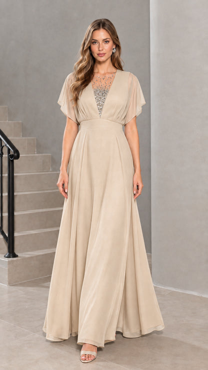 Front view of model wearing champagne beige flutter sleeve chiffon evening gown