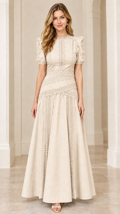 Model wearing Beige champagne puff sleeve lace-accented maxi gown
