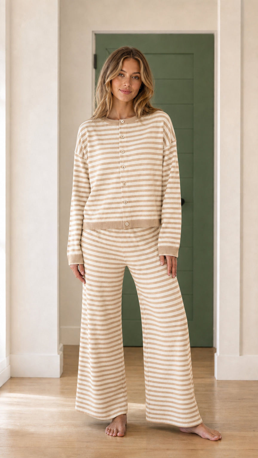 Model wearing beige striped knit loungewear set
