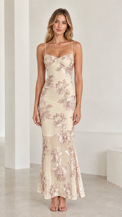 Model wearing Champagne floral embroidered corset mermaid maxi dress front view