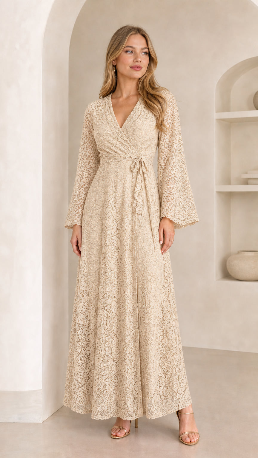 Front view of model wearing a champagne beige floral lace evening maxi dress