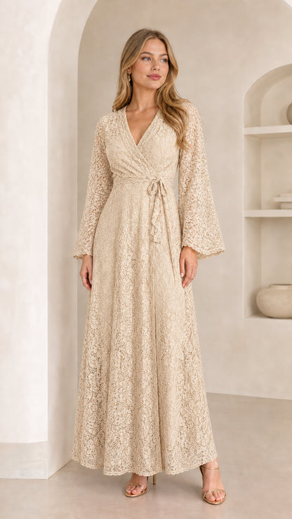 Front view of model wearing a champagne beige floral lace evening maxi dress