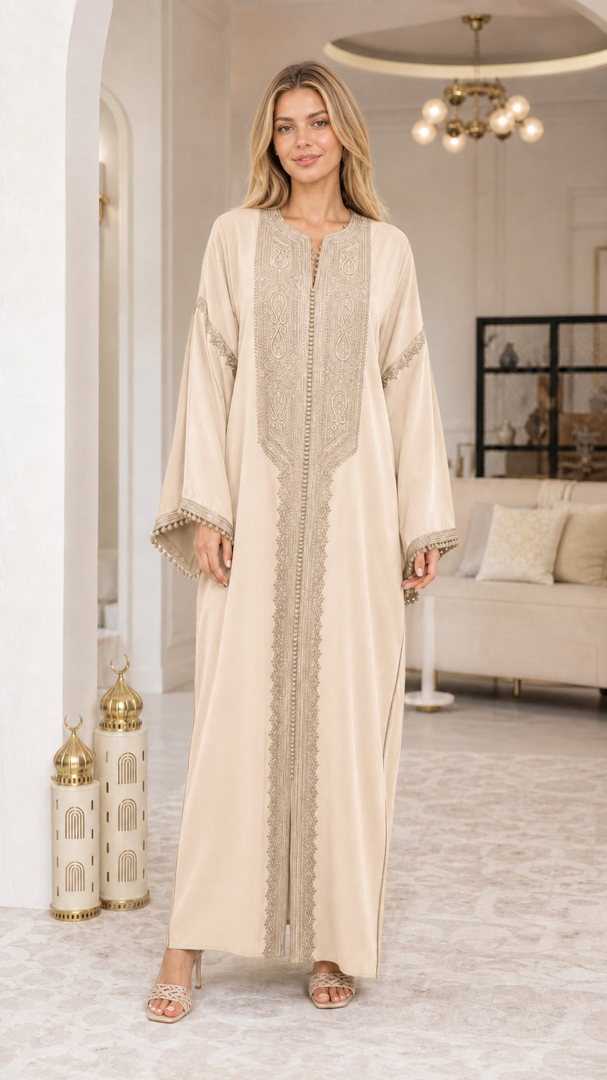 Model wearing Beige cream embroidered modest maxi dress