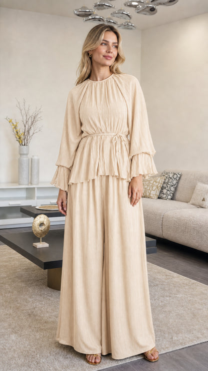 Front view of woman wearing Beige elegant pleated two piece pants set