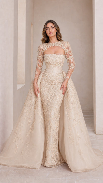 Front view of champagne neutral evening dress with delicate embroidery