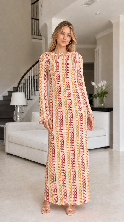 Front view of model wearing yellow striped crochet maxi dress