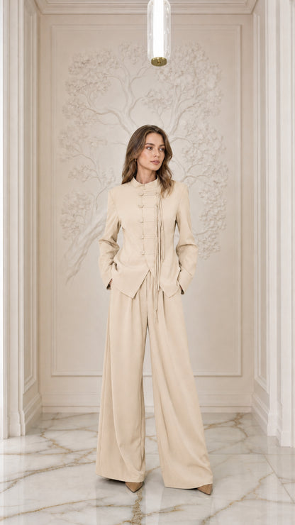 Full-length view of woman wearing Beige cream mandarin collar pant suit set