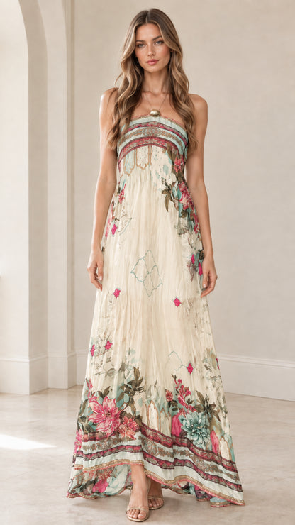 Front view of woman wearing ivory strapless floral border maxi dress