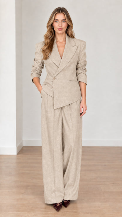 Full front view of woman wearing Beige neutral tailored wide-leg pant suit set