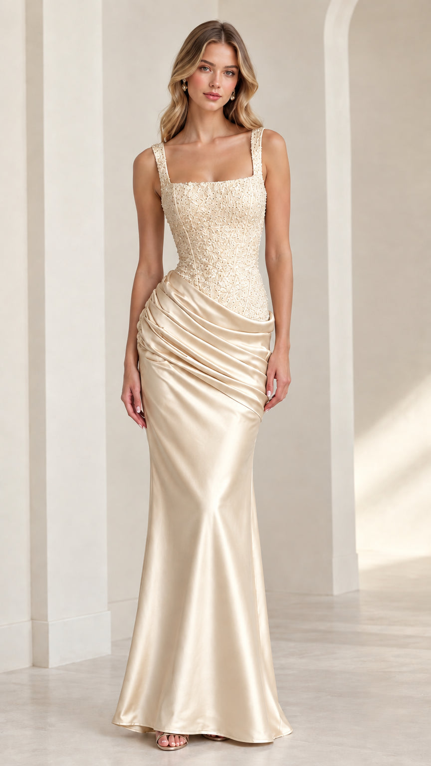 Model wearing champagne gold embellished square neck formal satin gown