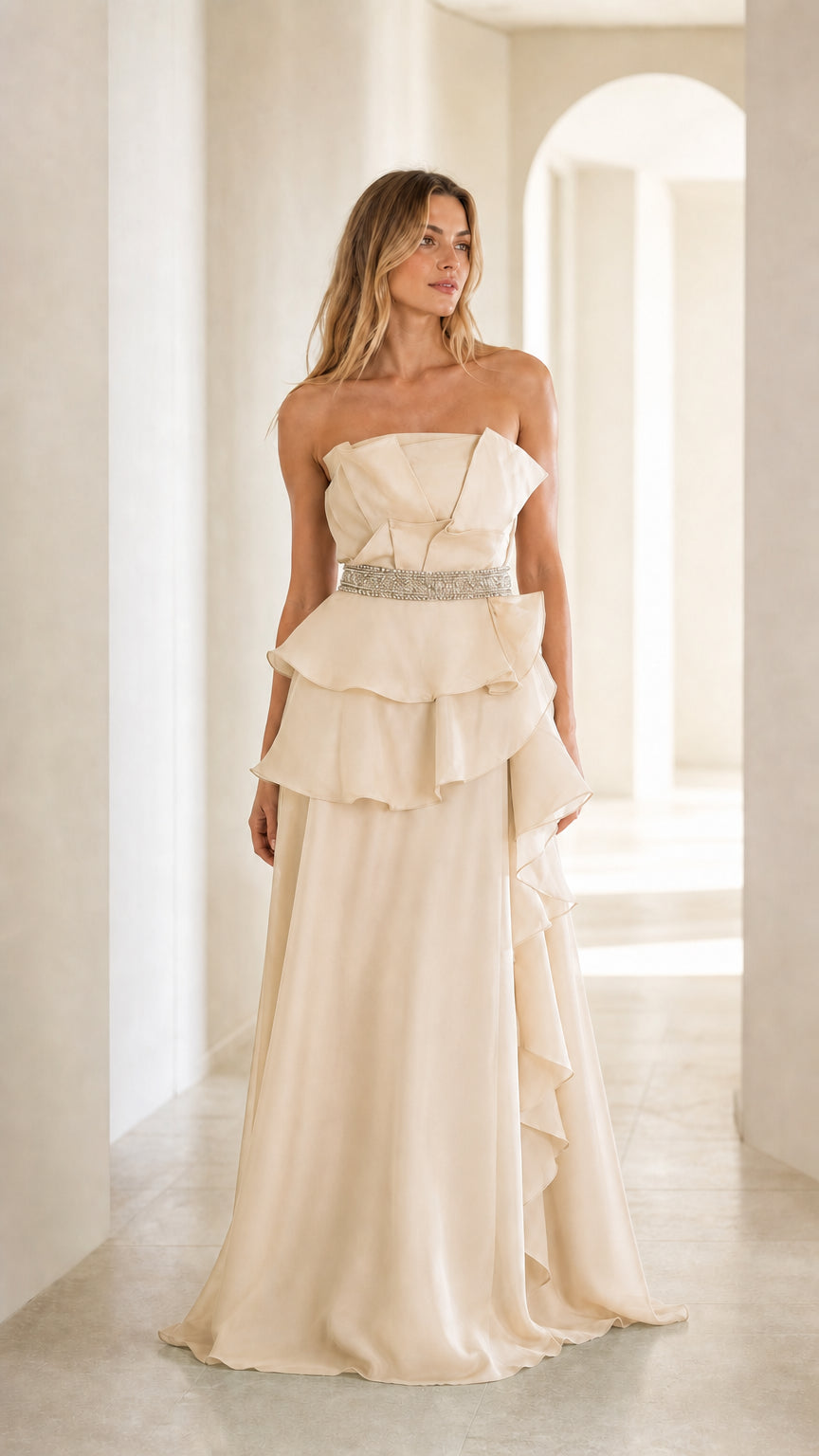 Front view of champagne evening gown