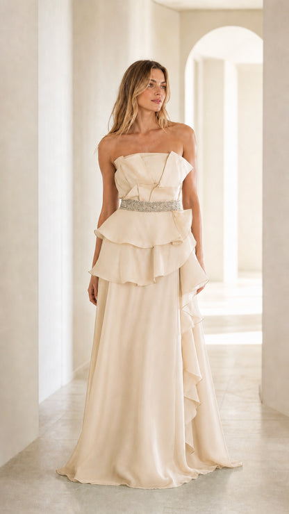 Front view of champagne evening gown