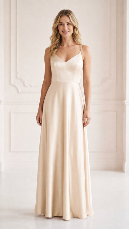 Front view of model wearing champagne ivory satin evening dress