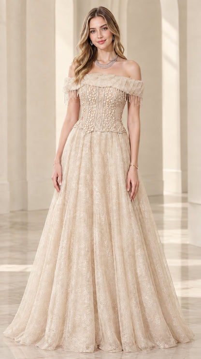Champagne off-the-shoulder beaded corset lace maxi dress
