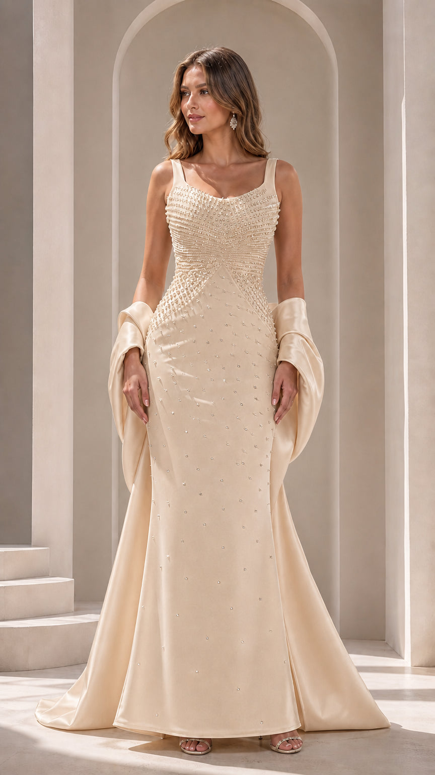 Champagne pearl-detailed sleeveless mermaid formal evening gown with shawl