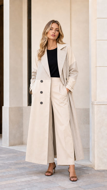 Full front view of woman wearing Cream Beige colorblock pinstripe longline trench coat