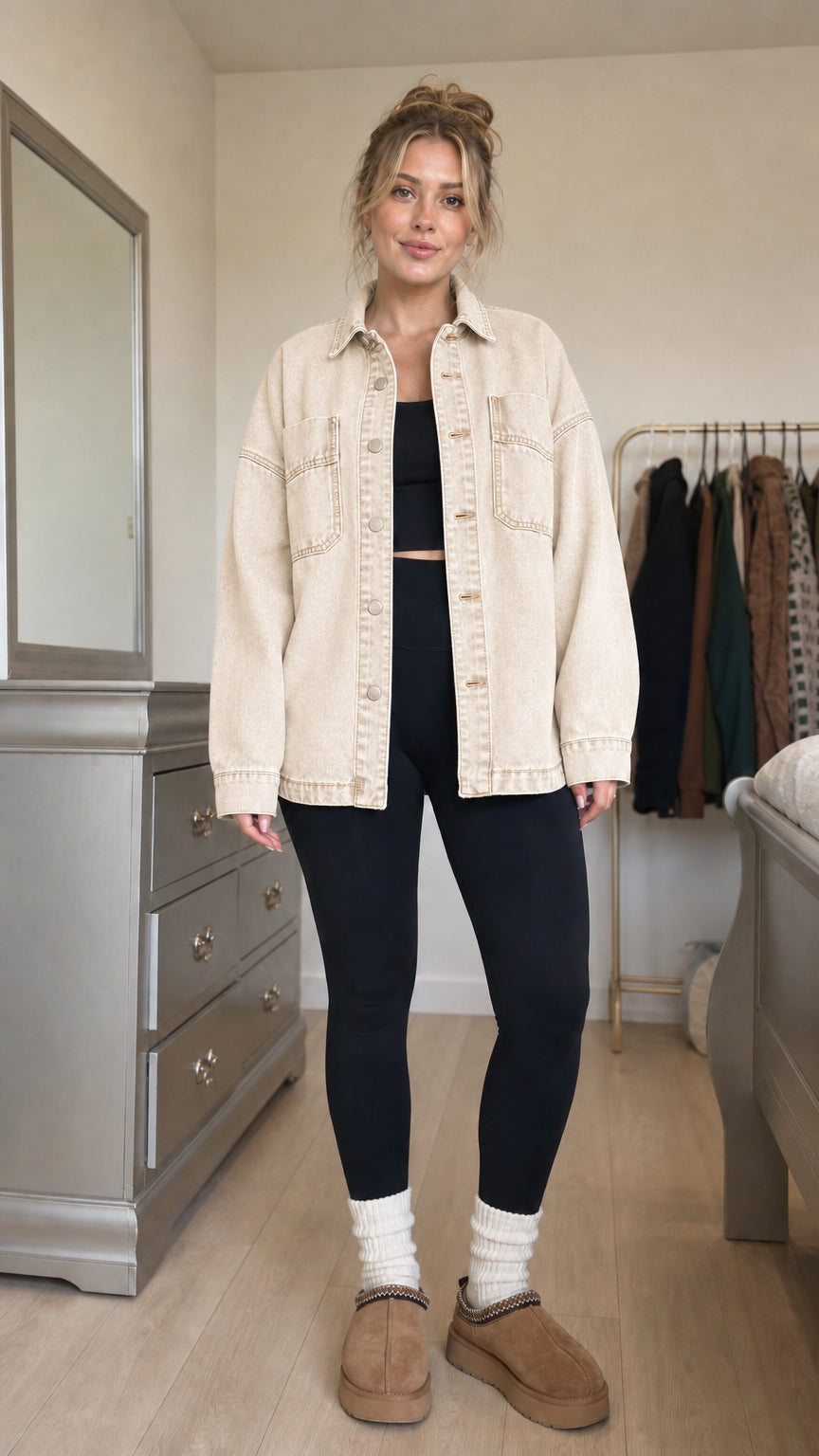 Front view of model wearing off-white denim shacket