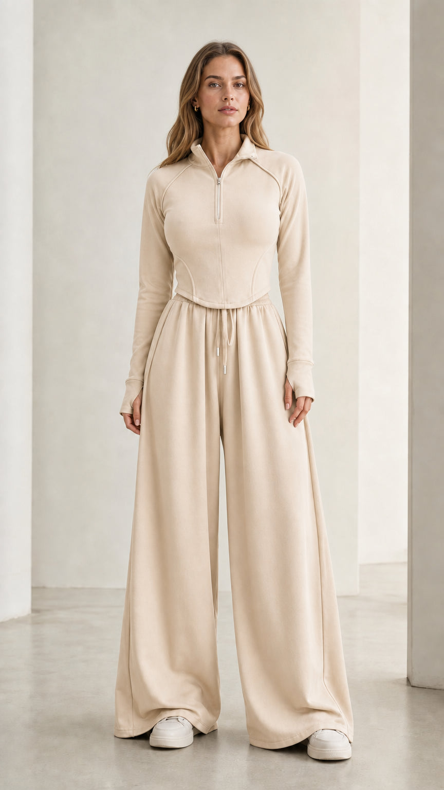 Women's beige neutral half-zip top and palazzo lounge pants two-piece set