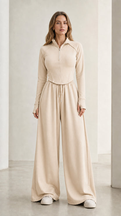 Women's beige neutral half-zip top and palazzo lounge pants two-piece set