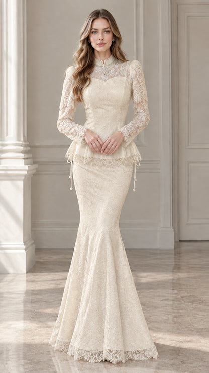 Full-length view of champagne ivory long sleeve lace peplum mermaid evening gown
