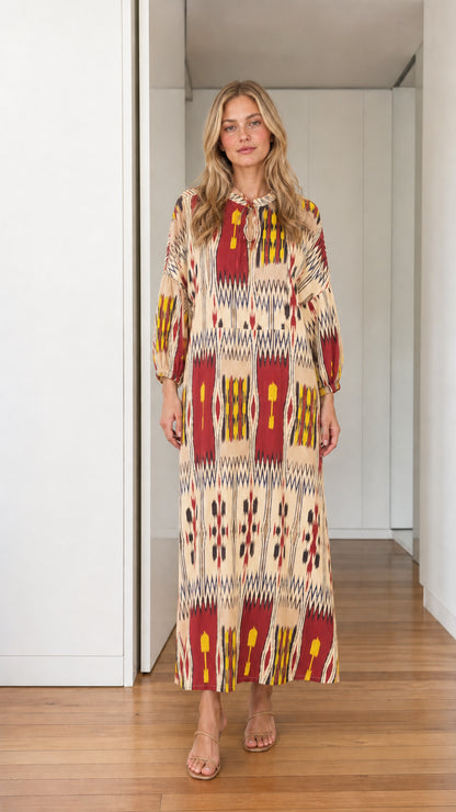 Front view of beige printed maxi dress variant