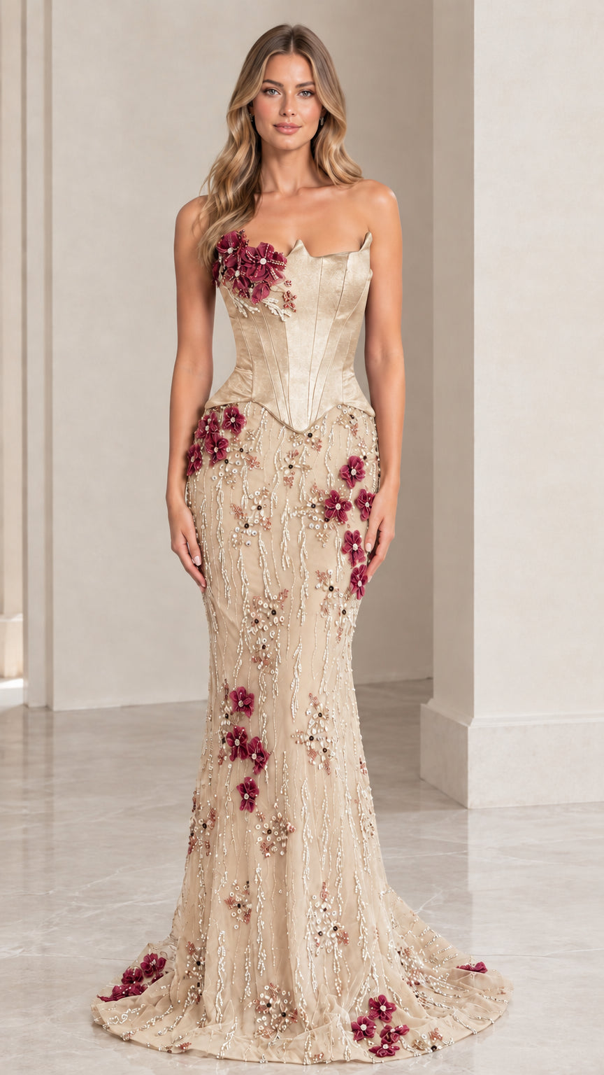 Woman wearing champagne strapless corset mermaid evening dress with embroidered floral details