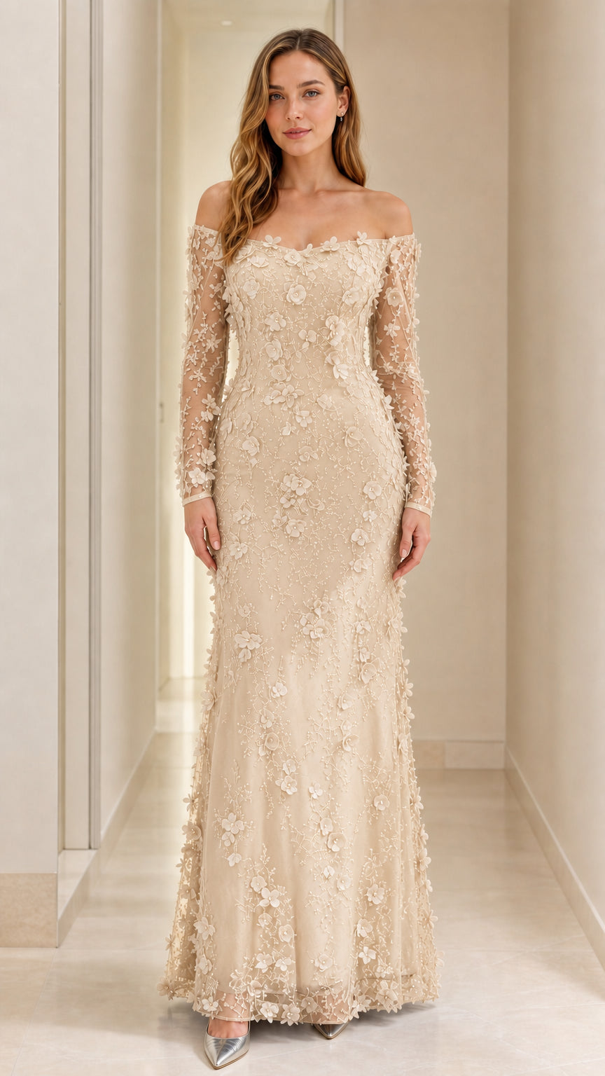 Champagne gold off-the-shoulder 3D floral evening gown