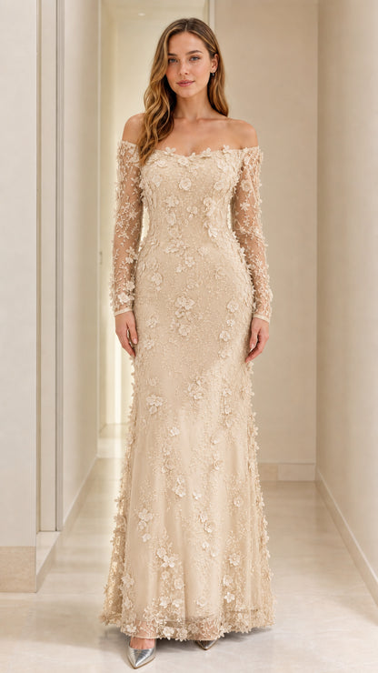 Champagne gold off-the-shoulder 3D floral evening gown