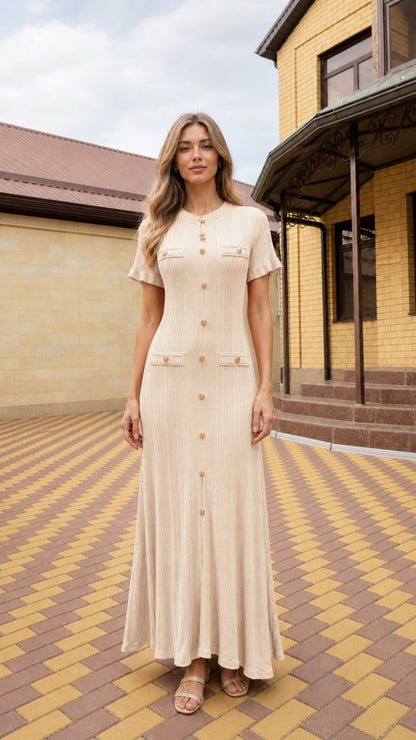 Full-length front view of woman wearing cream beige short sleeve cable knit maxi dress